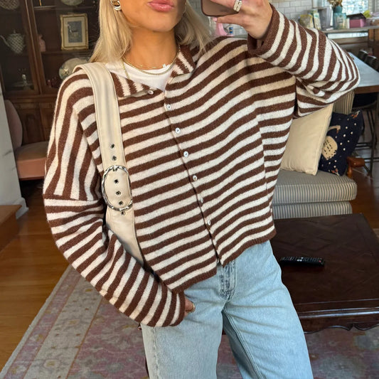 Rosie - Women's Autumn Cardigan Striped with Button Front