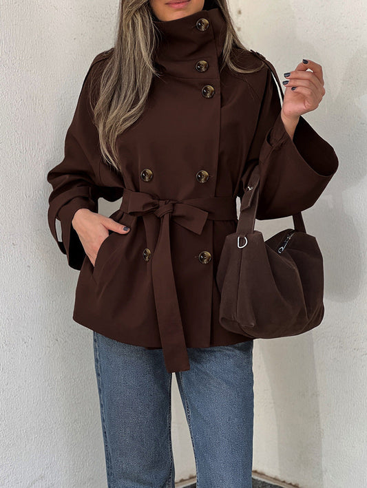 Rosie - Women's Trench Coat for Autumn with High Collar and Tie Belt
