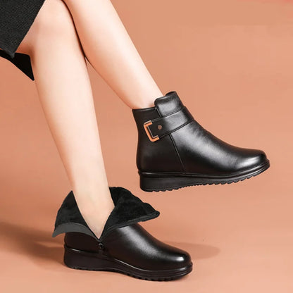 Rosie - Women’s fleece lined flat ankle boots with buckle strap and side zip