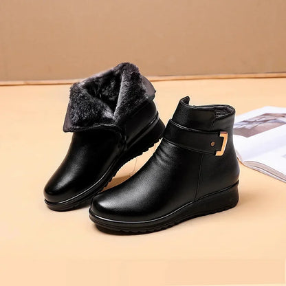 Rosie - Women’s fleece lined flat ankle boots with buckle strap and side zip