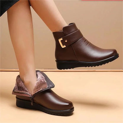 Rosie - Women’s fleece lined flat ankle boots with buckle strap and side zip