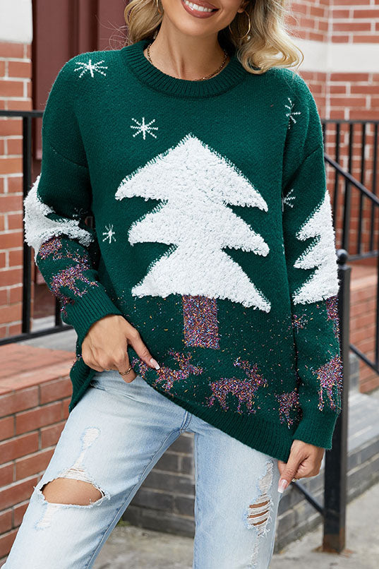 Rosie - Women’s knitted christmas jumper with fluffy tree and sparkly reindeer