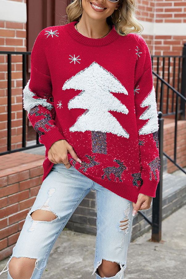 Rosie - Women’s knitted christmas jumper with fluffy tree and sparkly reindeer