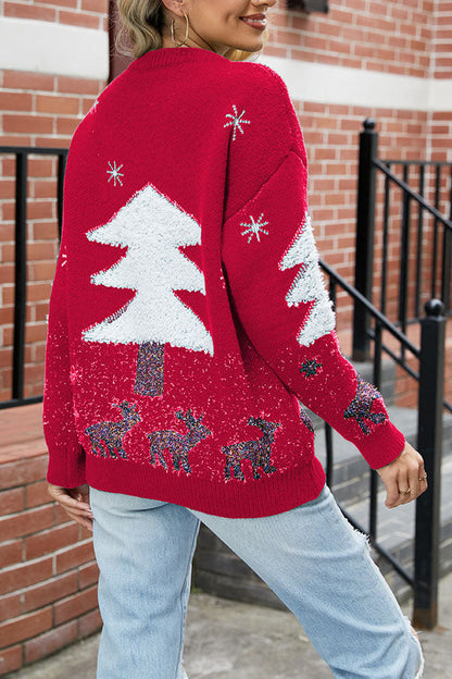 Rosie - Women’s knitted christmas jumper with fluffy tree and sparkly reindeer