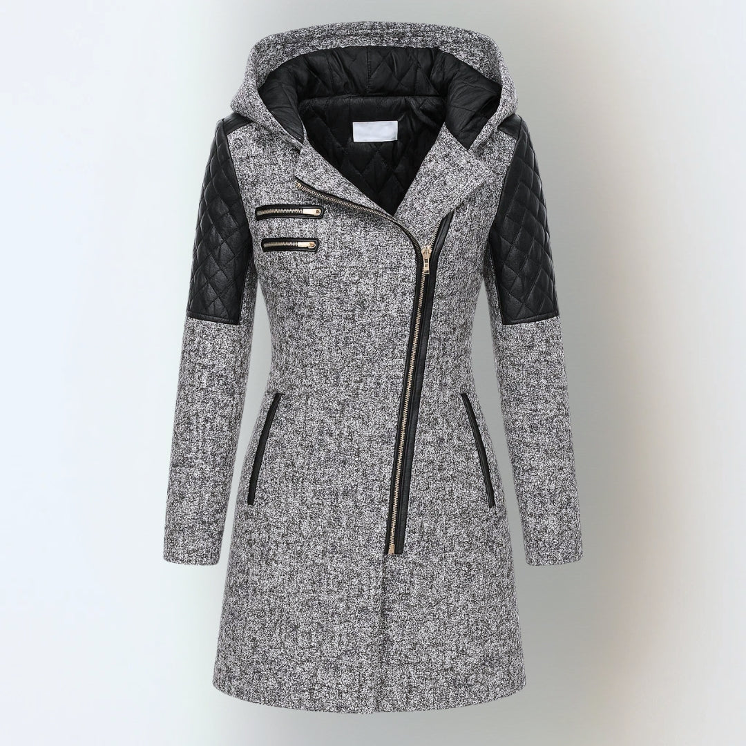 Rosie - Women’s long hooded winter coat with asymmetric zip and quilted lining