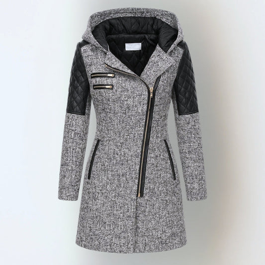 Rosie - Women’s long hooded winter coat with asymmetric zip and quilted lining