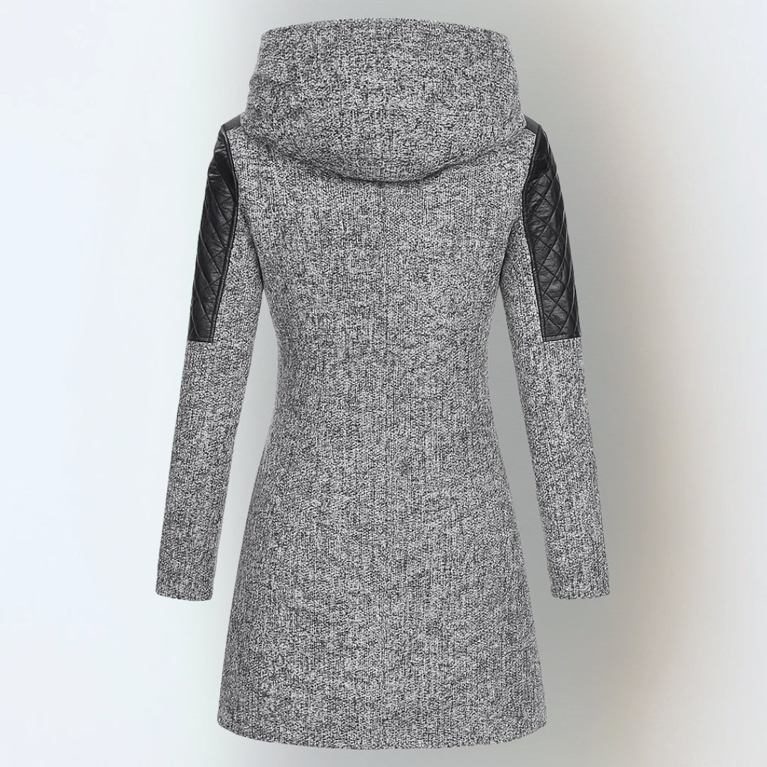 Rosie - Women’s long hooded winter coat with asymmetric zip and quilted lining