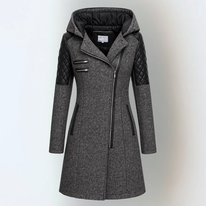 Rosie - Women’s long hooded winter coat with asymmetric zip and quilted lining