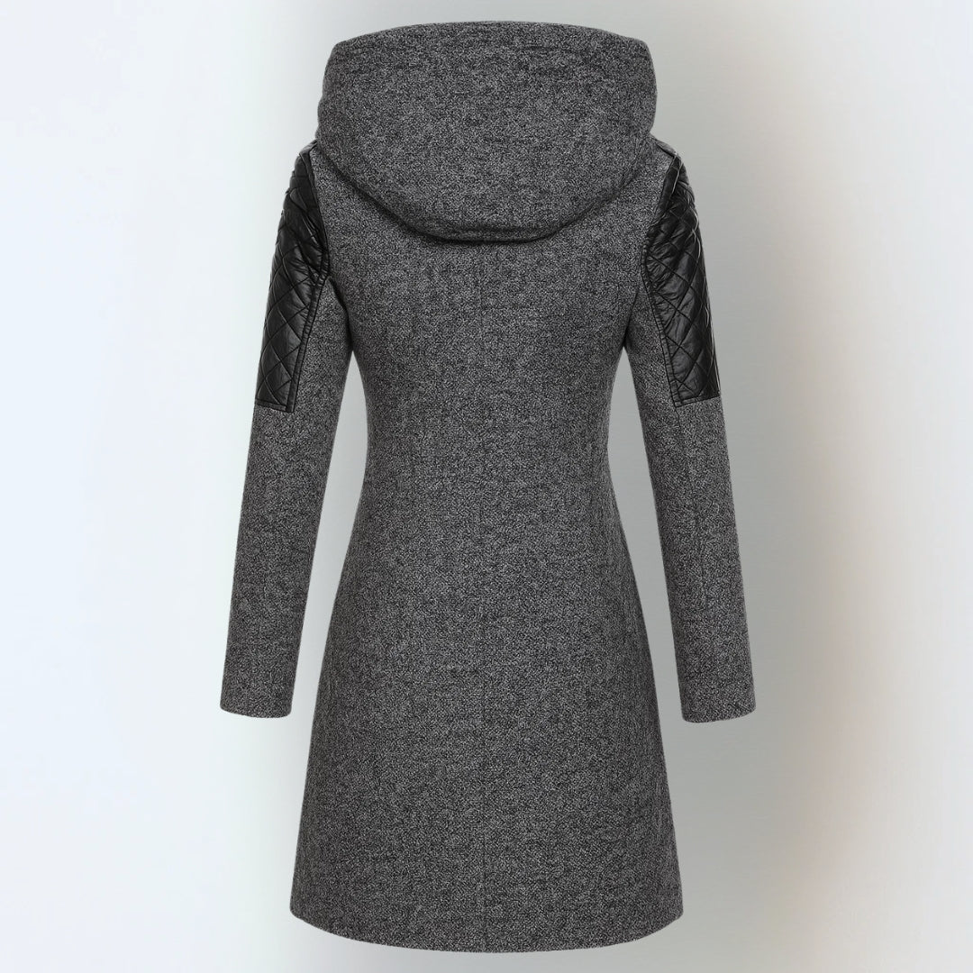 Rosie - Women’s long hooded winter coat with asymmetric zip and quilted lining