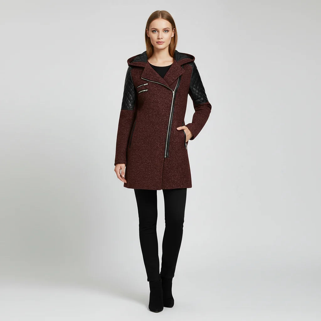 Rosie - Women’s long hooded winter coat with asymmetric zip and quilted lining