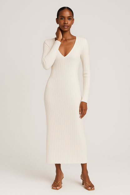 Rosie - Women's rib knit midi dress with long sleeve and deep v neck