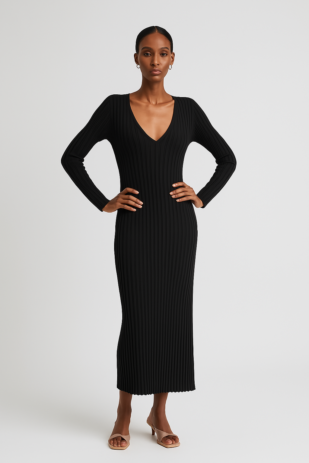 Rosie - Women's rib knit midi dress with long sleeve and deep v neck
