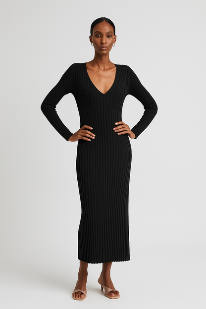 Rosie - Women's rib knit midi dress with long sleeve and deep v neck