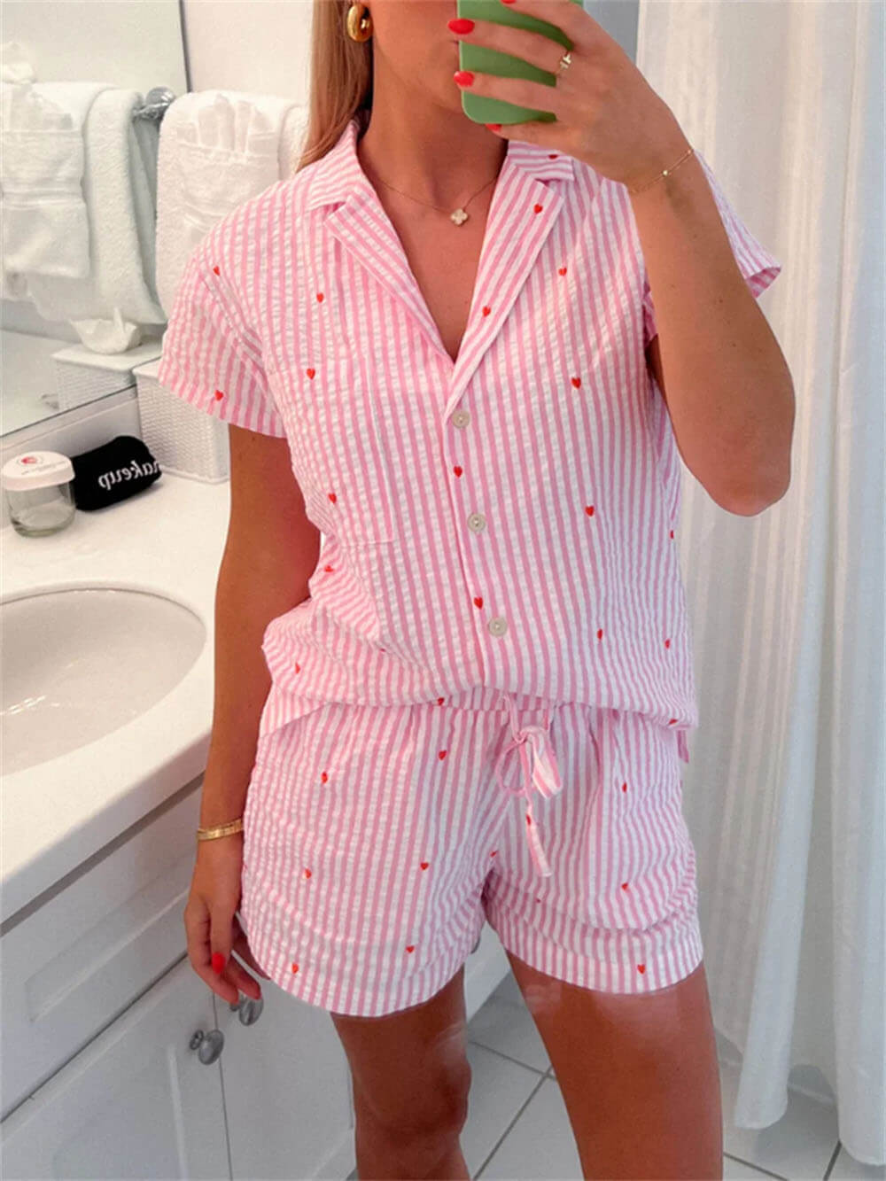 Rosie - Women's short matching striped pyjama set with star embroidery