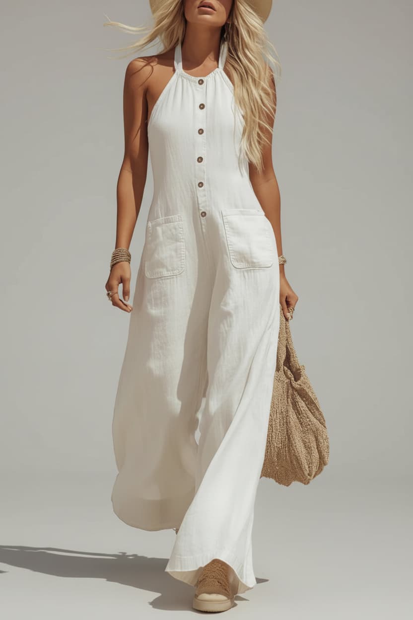 Ruby - Boho Women's Wide Leg Linen Jumpsuit with Halter Neckline and Button Front