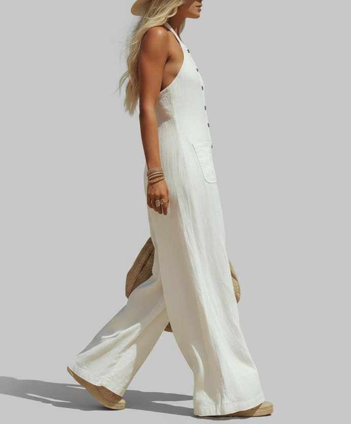 Ruby - Boho Women's Wide Leg Linen Jumpsuit with Halter Neckline and Button Front