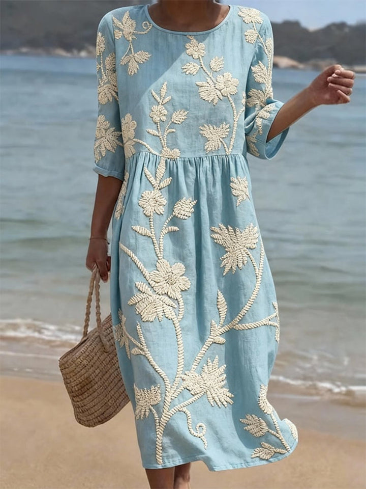 Ruby - Vintage Women's Linen Midi Dress with Floral Embroidery and Gathered Waist