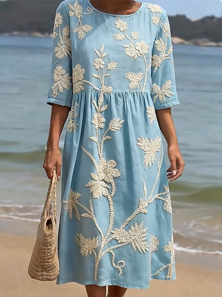 Ruby - Vintage Women's Linen Midi Dress with Floral Embroidery and Gathered Waist