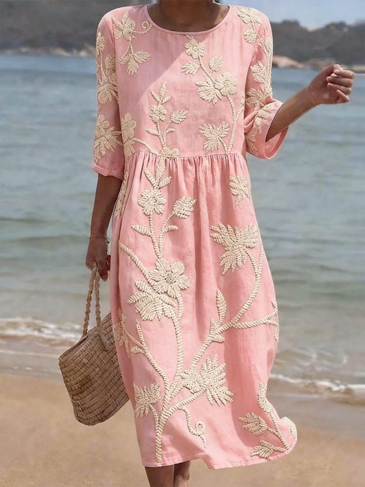 Ruby - Vintage Women's Linen Midi Dress with Floral Embroidery and Gathered Waist