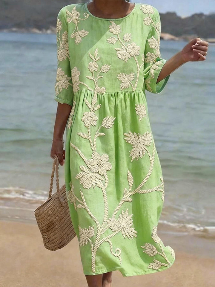 Ruby - Vintage Women's Linen Midi Dress with Floral Embroidery and Gathered Waist