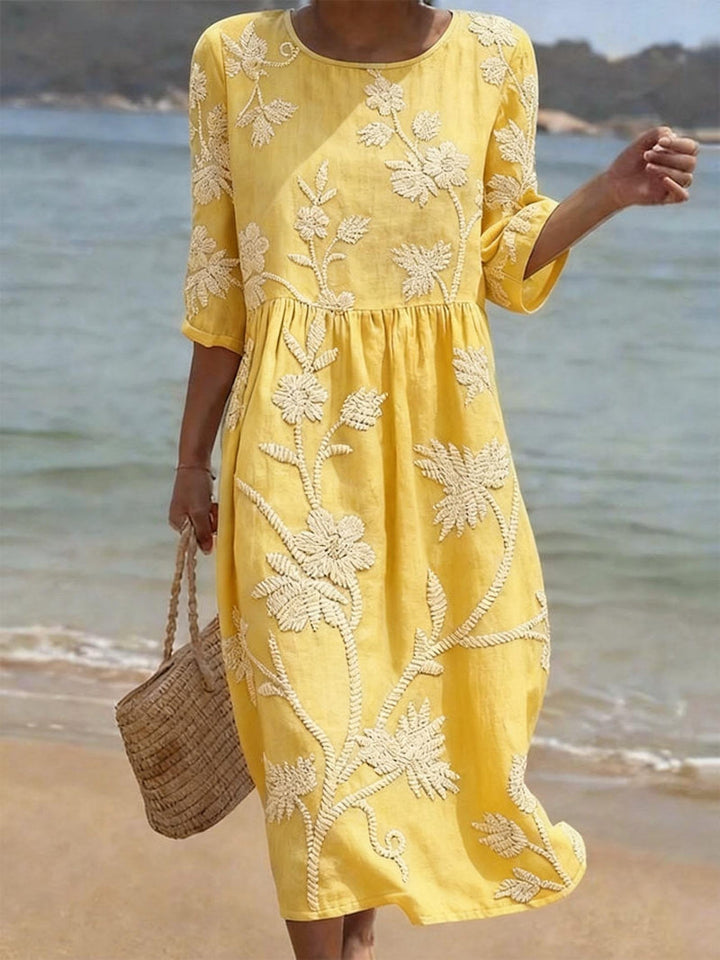 Ruby - Vintage Women's Linen Midi Dress with Floral Embroidery and Gathered Waist