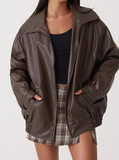 Ruby - Women's Oversized Leather Style Jacket for Autumn with Fold Collar