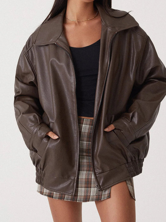 Ruby - Women's Oversized Leather Style Jacket for Autumn with Fold Collar