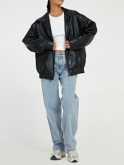 Ruby - Women's Oversized Leather Style Jacket for Autumn with Fold Collar