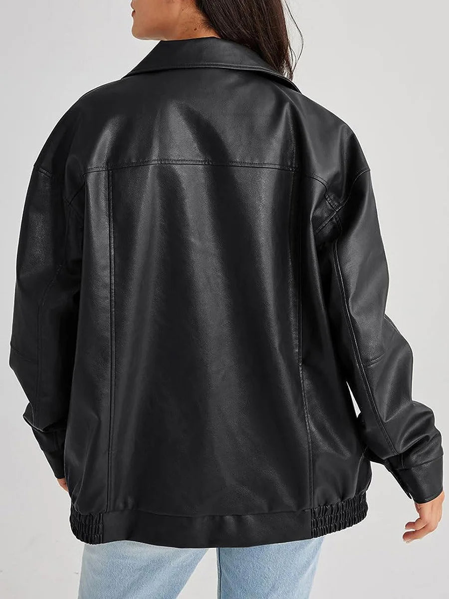 Ruby - Women's Oversized Leather Style Jacket for Autumn with Fold Collar