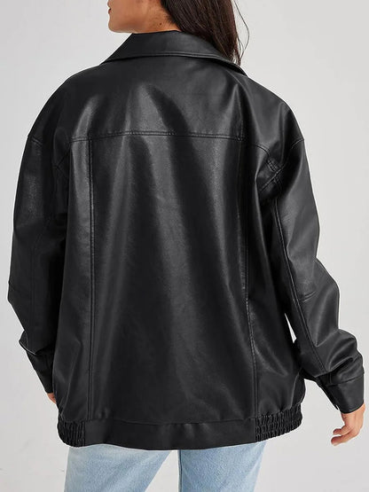 Ruby - Women's Oversized Leather Style Jacket for Autumn with Fold Collar