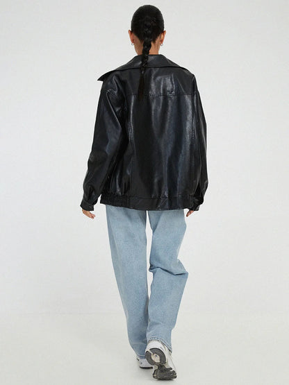 Ruby - Women's Oversized Leather Style Jacket for Autumn with Fold Collar
