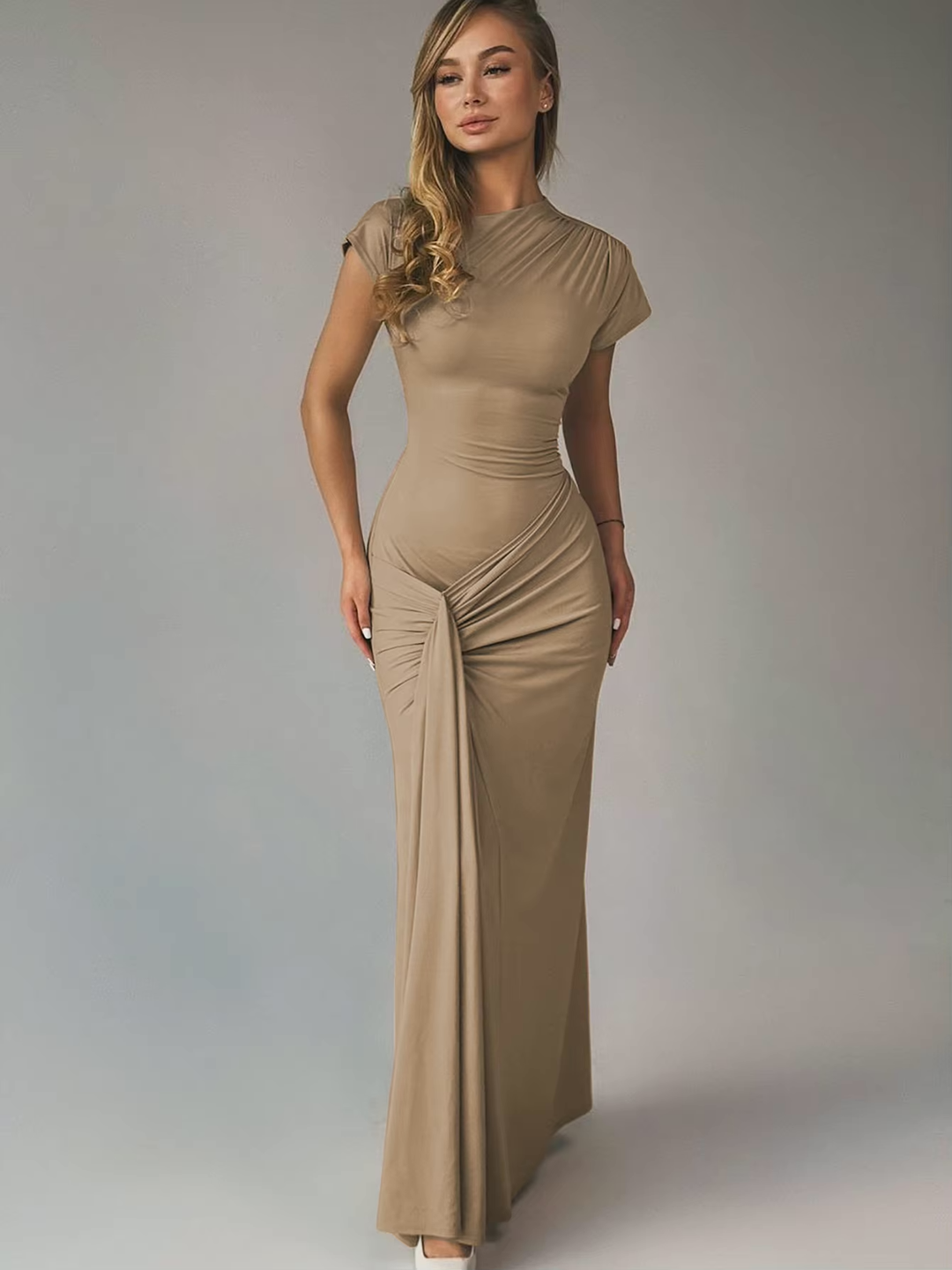 Scarlett - Elegant Women's Formal Maxi Dress with Mock Neck and Ruched Twist Detail