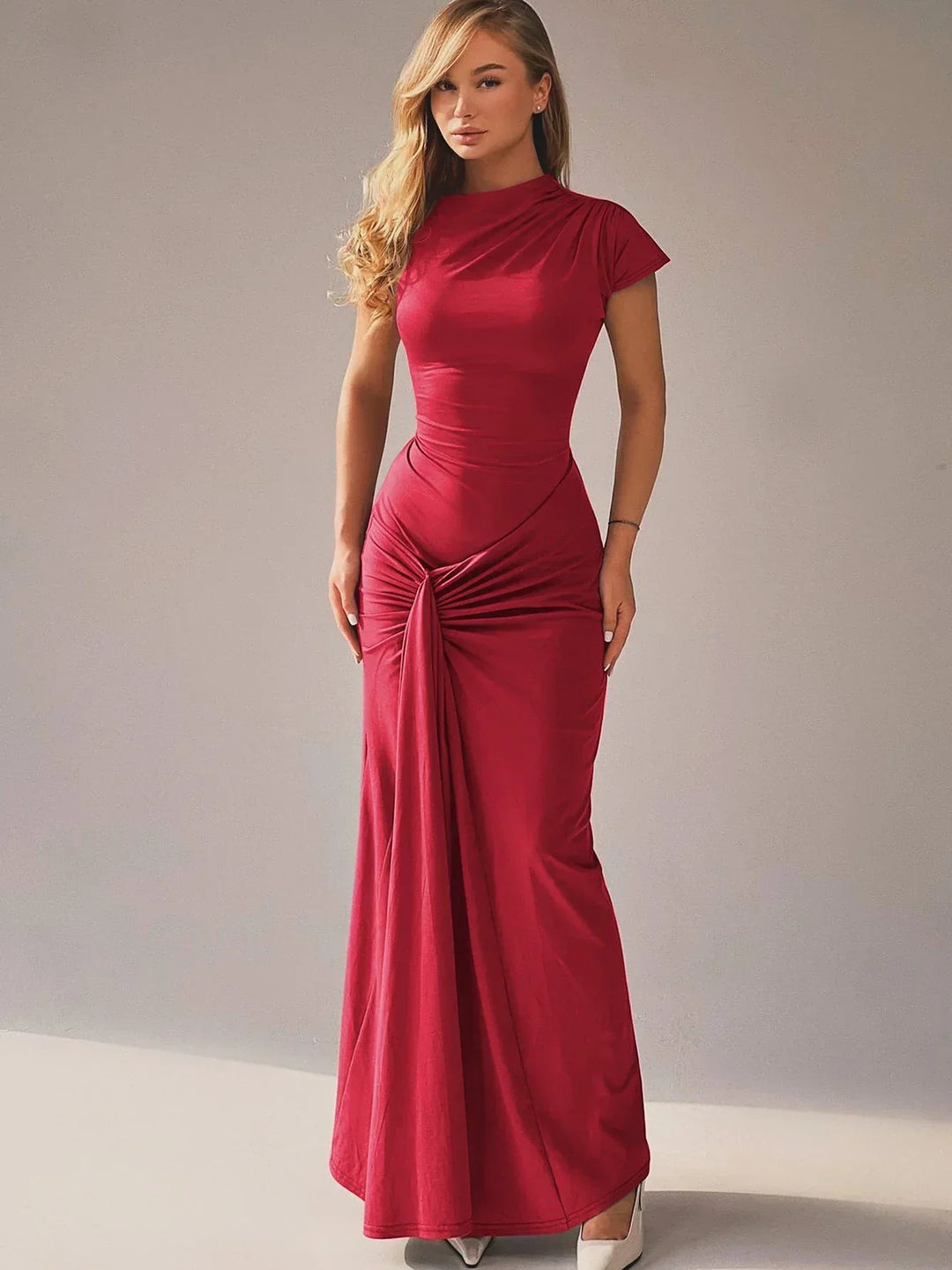 Scarlett - Elegant Women's Formal Maxi Dress with Mock Neck and Ruched Twist Detail