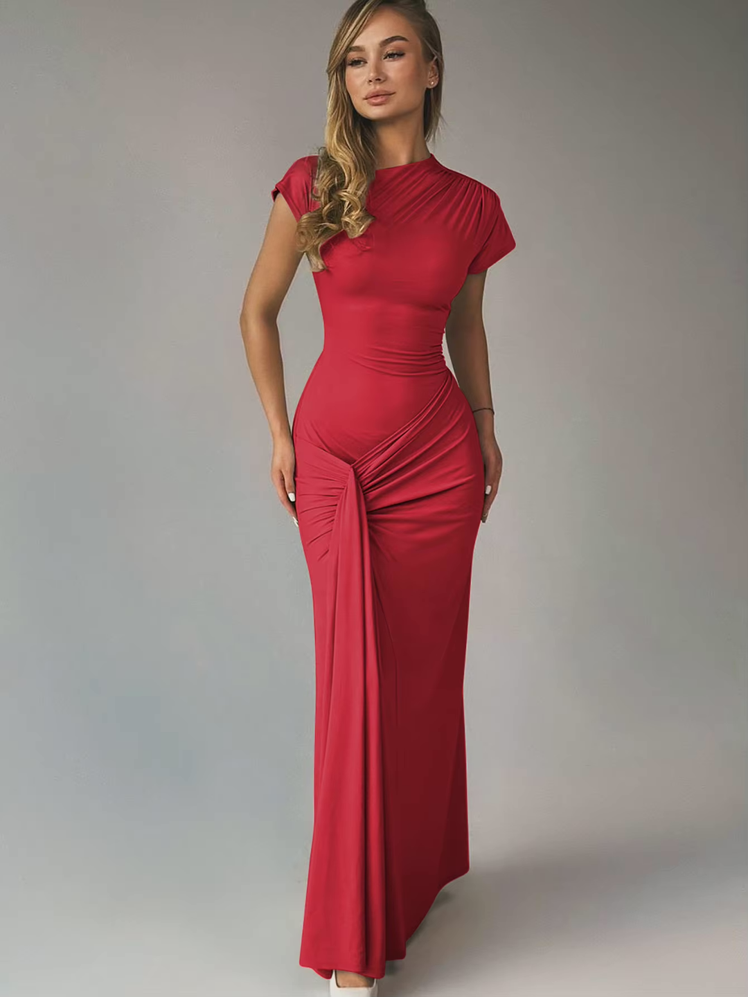 Scarlett - Elegant Women's Formal Maxi Dress with Mock Neck and Ruched Twist Detail