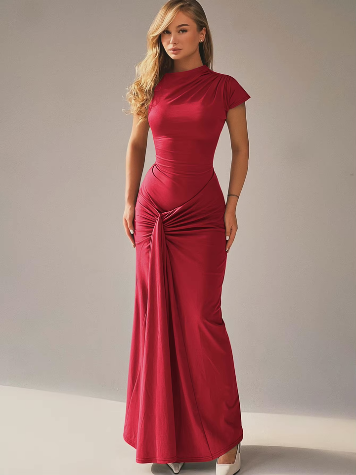 Scarlett - Elegant Women's Formal Maxi Dress with Mock Neck and Ruched Twist Detail