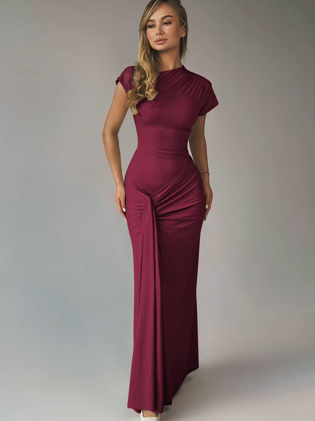 Scarlett - Elegant Women's Formal Maxi Dress with Mock Neck and Ruched Twist Detail