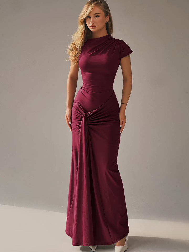 Scarlett - Elegant Women's Formal Maxi Dress with Mock Neck and Ruched Twist Detail
