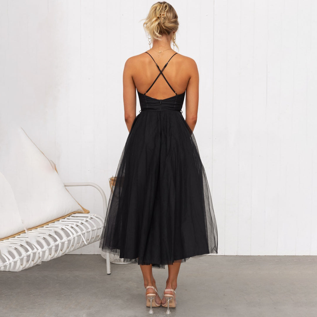 Scarlett - Elegant Women's Wedding Guest Dress with Corset Bodice and Tulle Tea-Length Skirt
