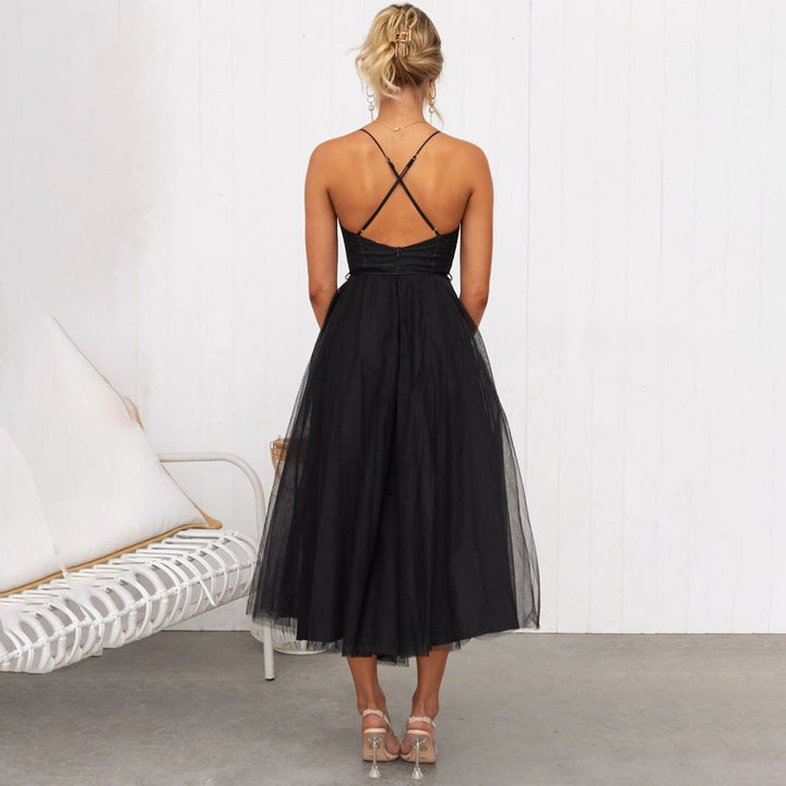 Scarlett - Elegant Women's Wedding Guest Dress with Corset Bodice and Tulle Tea-Length Skirt