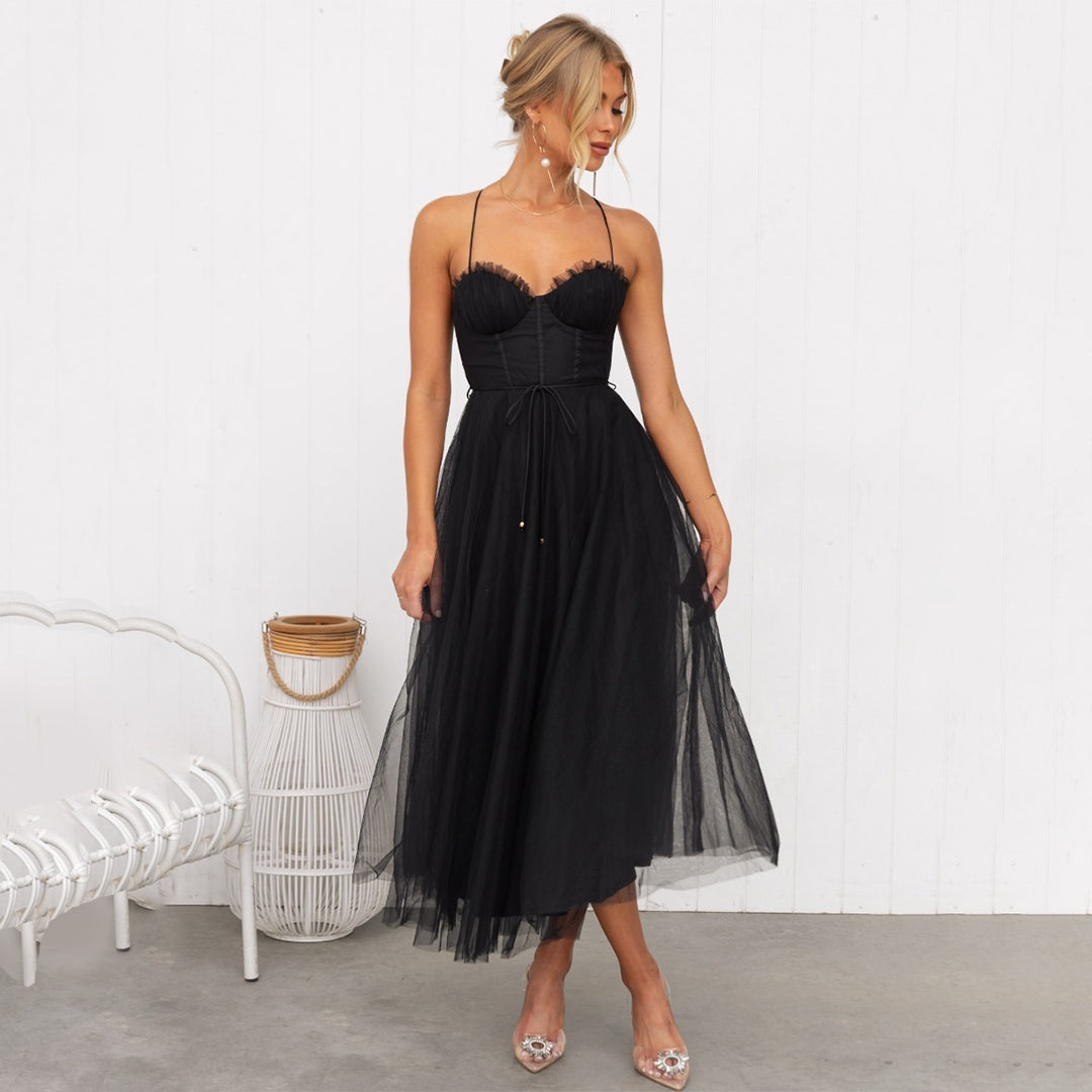 Scarlett - Elegant Women's Wedding Guest Dress with Corset Bodice and Tulle Tea-Length Skirt