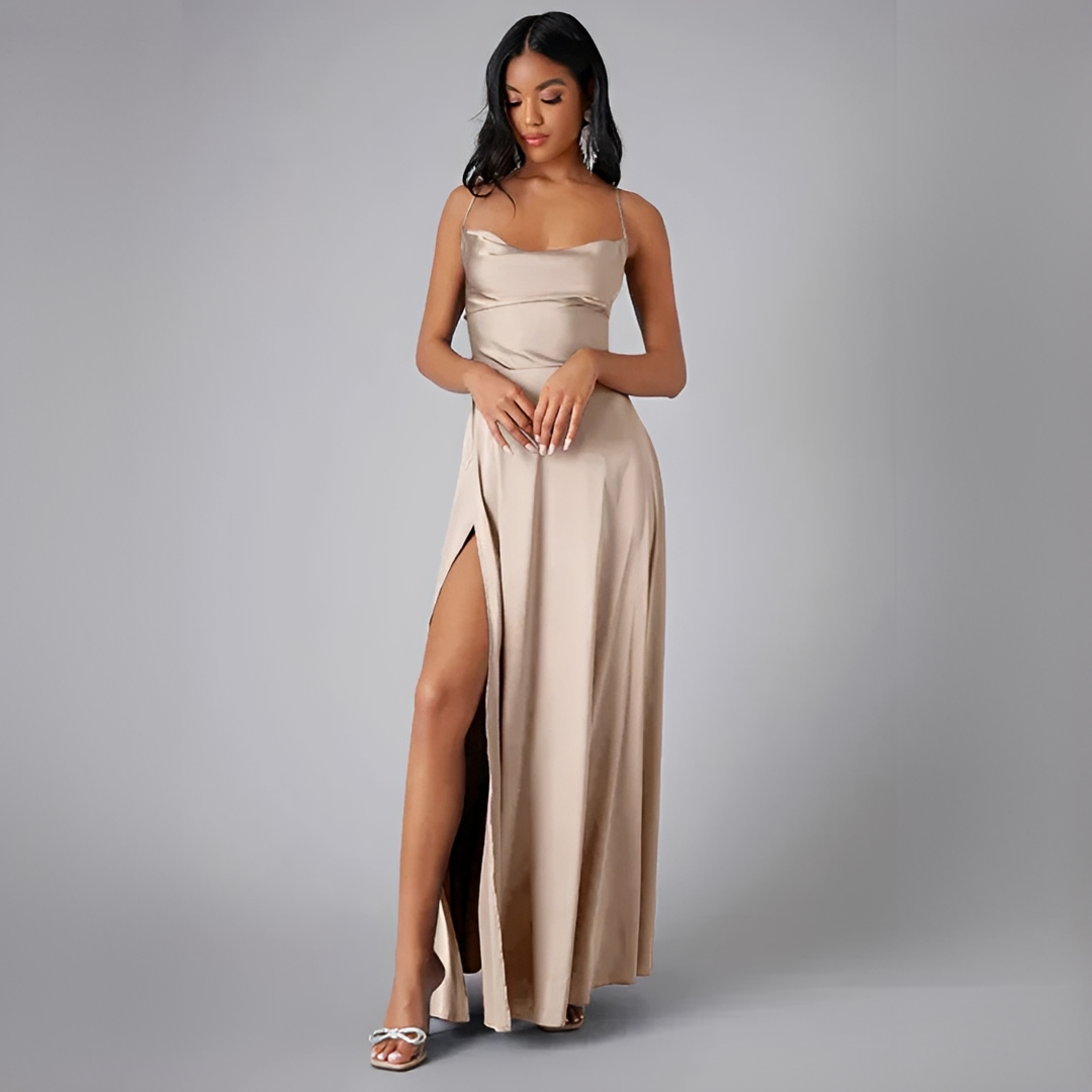 Scarlett - Elegant Women's Wedding Guest Dress with Cowl Neck and High Slit
