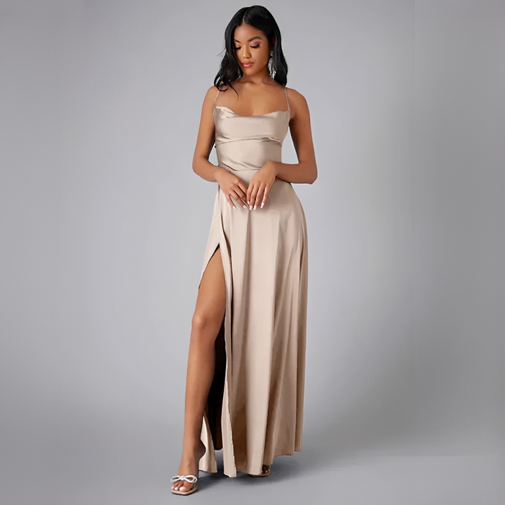 Scarlett - Elegant Women's Wedding Guest Dress with Cowl Neck and High Slit