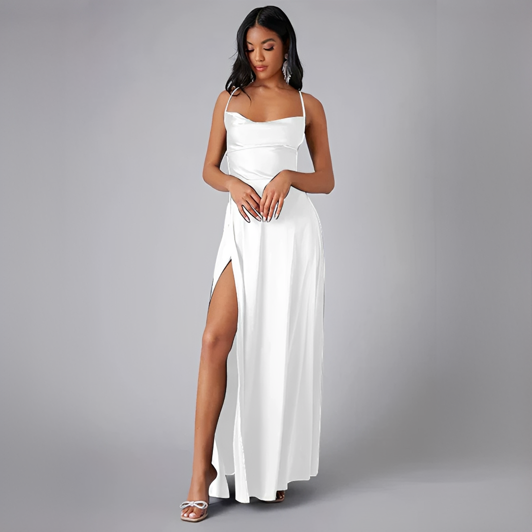 Scarlett - Elegant Women's Wedding Guest Dress with Cowl Neck and High Slit