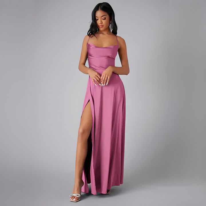 Scarlett - Elegant Women's Wedding Guest Dress with Cowl Neck and High Slit