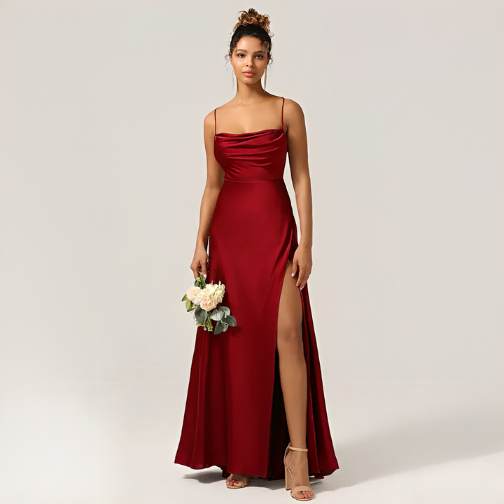 Scarlett - Elegant Women's Wedding Guest Dress with Cowl Neck and High Slit
