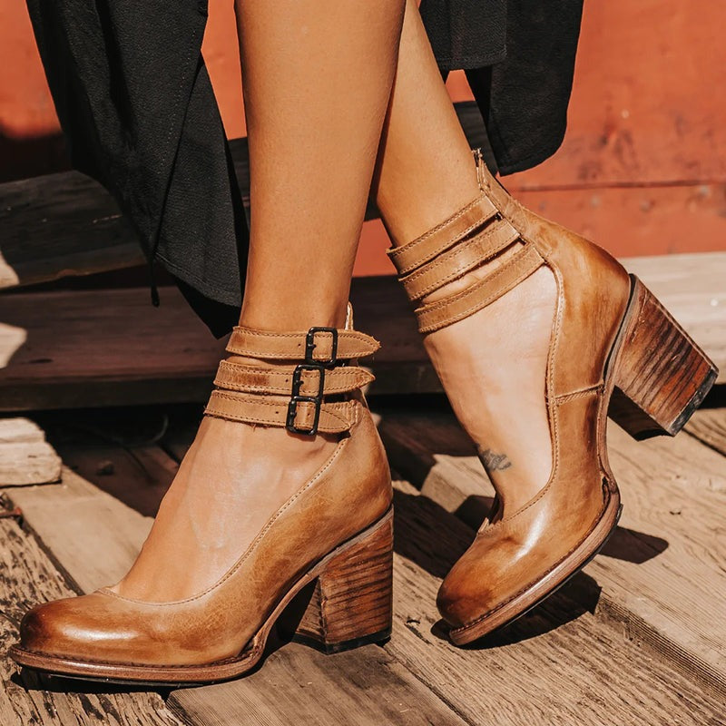 Scarlett - Vintage Women's Orthopedic Block Heel Shoes with Double Buckle Ankle Strap and Round Toe