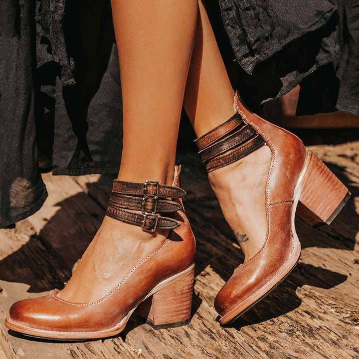 Scarlett - Vintage Women's Orthopedic Block Heel Shoes with Double Buckle Ankle Strap and Round Toe