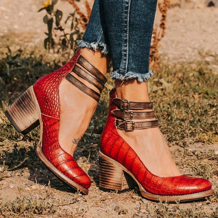 Scarlett - Vintage Women's Orthopedic Block Heel Shoes with Double Buckle Ankle Strap and Round Toe