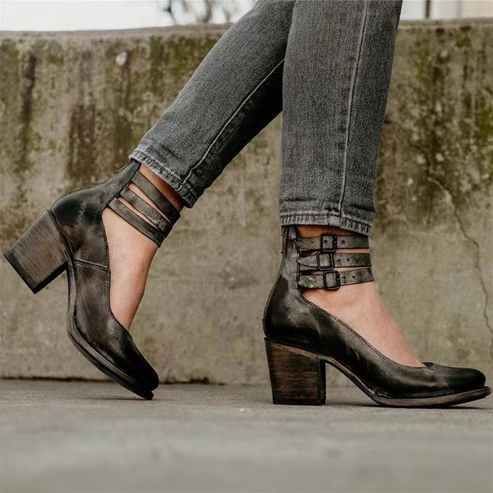 Scarlett - Vintage Women's Orthopedic Block Heel Shoes with Double Buckle Ankle Strap and Round Toe