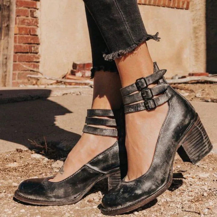 Scarlett - Vintage Women's Orthopedic Block Heel Shoes with Double Buckle Ankle Strap and Round Toe